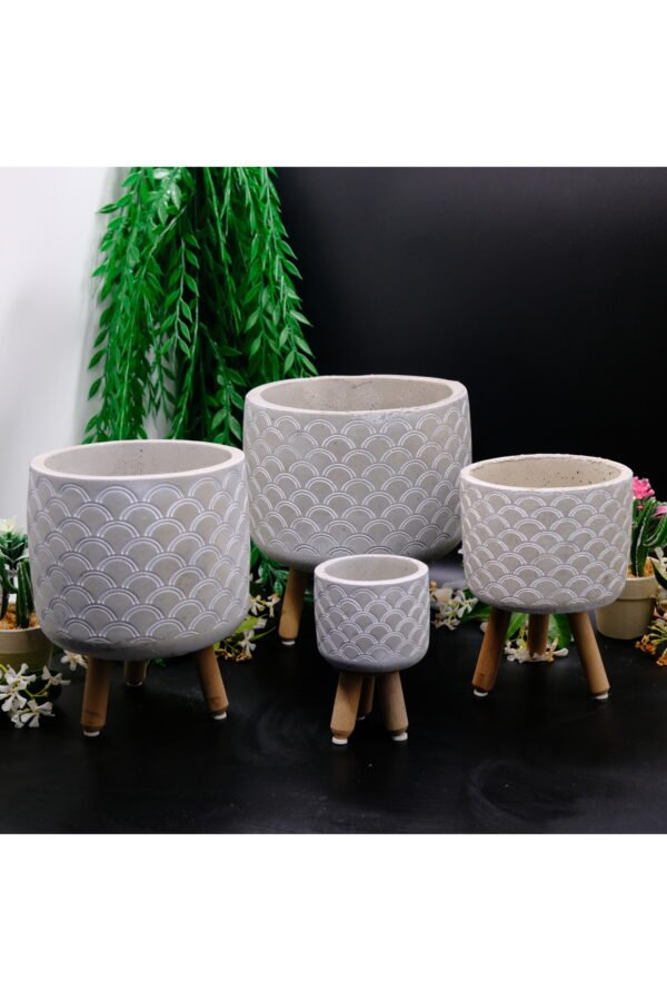 DALGA DESENLİ AHŞAP AYAKLI DEKORATİF SET BETON SAKSI