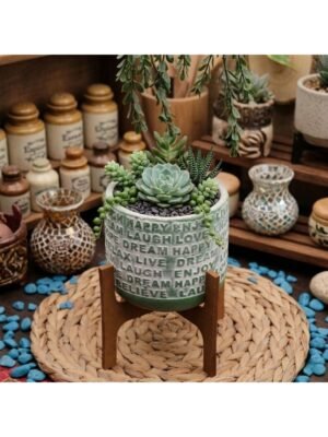 YAZI MOTİFLİ AHŞAP STAND AYAKLI DEKORATİF BETON SAKSI