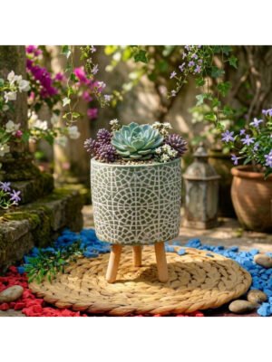 MOZAİK DESENLİ AHŞAP AYAKLI DEKORATİF BETON SAKSI
