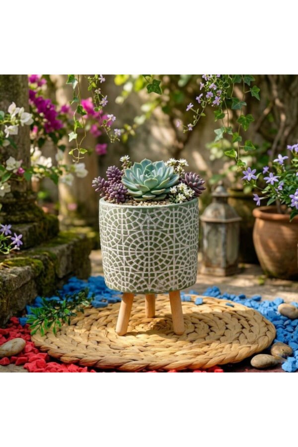MOZAİK DESENLİ AHŞAP AYAKLI DEKORATİF BETON SAKSI