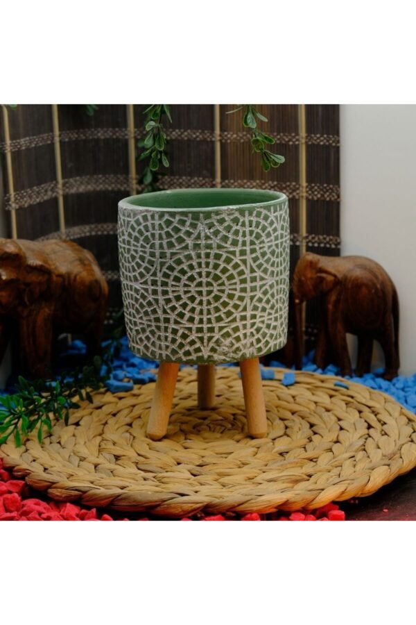 MOZAİK DESENLİ AHŞAP AYAKLI DEKORATİF BETON SAKSI