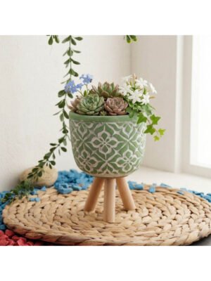 MANDALA DESENLİ AHŞAP AYAKLI BETON SAKSI