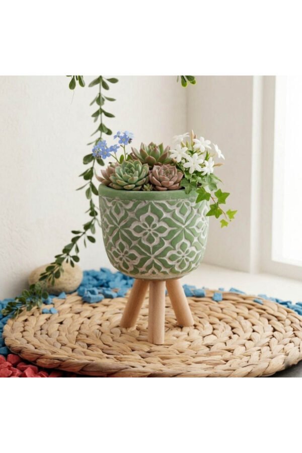 MANDALA DESENLİ AHŞAP AYAKLI BETON SAKSI