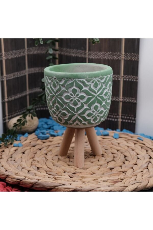 MANDALA DESENLİ AHŞAP AYAKLI BETON SAKSI